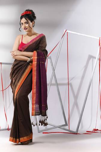 Brown cotton saree with sequined work