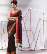 Brown cotton saree with sequined work
