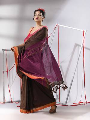 Brown cotton saree with sequined work 2