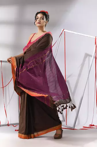 Brown cotton saree with sequined work