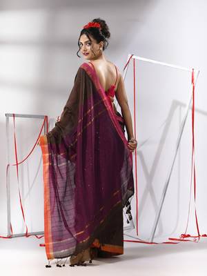 Brown cotton saree with sequined work 3