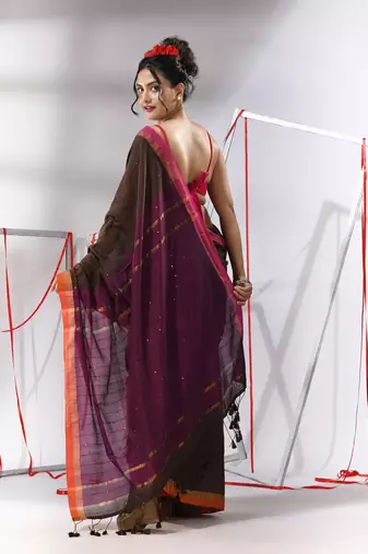 Brown cotton saree with sequined work