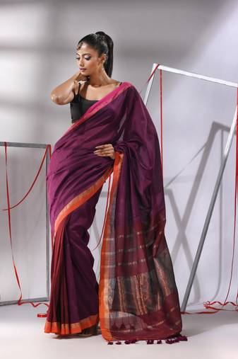 Magenta patli pallu cotton saree with stripes zari borders