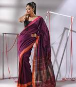 Magenta patli pallu cotton saree with stripes zari borders