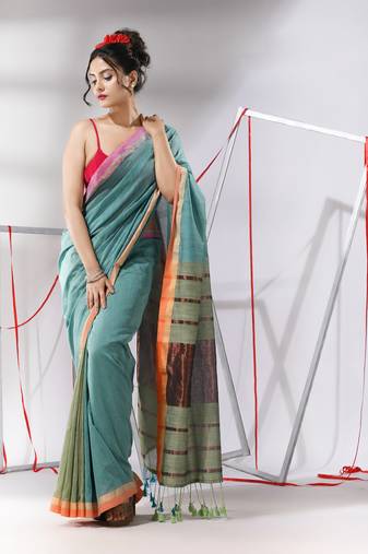 Ice blue patli pallu cotton saree with stripes zari borders