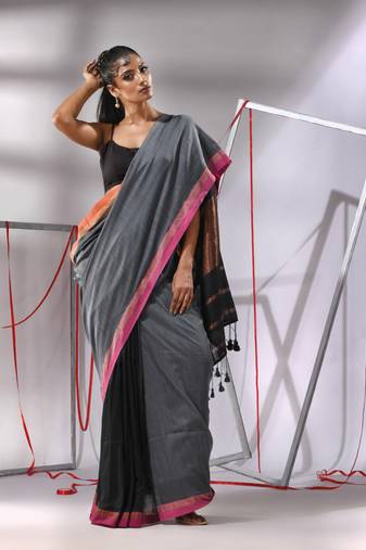 Grey patli pallu cotton saree with stripes zari borders