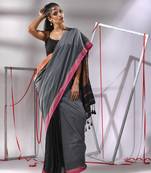 Grey patli pallu cotton saree with stripes zari borders