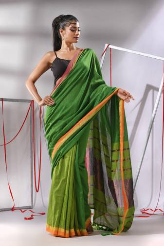 Green patli pallu cotton saree with stripes zari borders