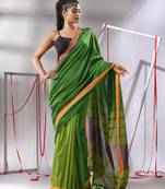 Green patli pallu cotton saree with stripes zari borders