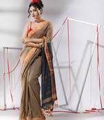 Ecru cotton saree with stripes zari pallu