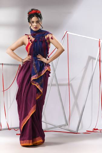 Plum purple cotton saree with stripes zari pallu