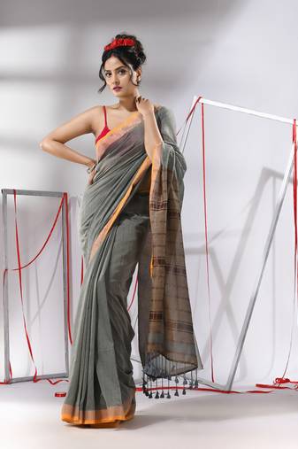 Light grey cotton saree with stripes zari pallu