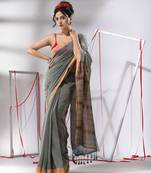 Light grey cotton saree with stripes zari pallu