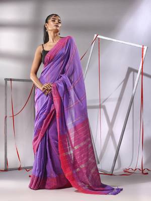 Irish purple cotton saree with zari stripes solid border 1