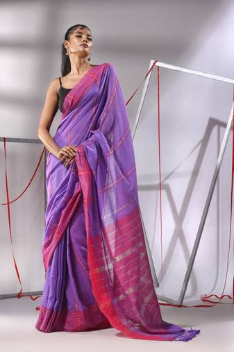 Irish purple cotton saree with zari stripes solid border