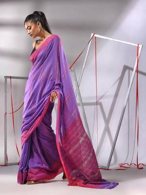 Irish purple cotton saree with zari stripes solid border 2