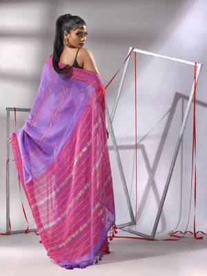 Irish purple cotton saree with zari stripes solid border 3