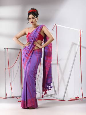 Violet cotton saree with stripes pattern 1