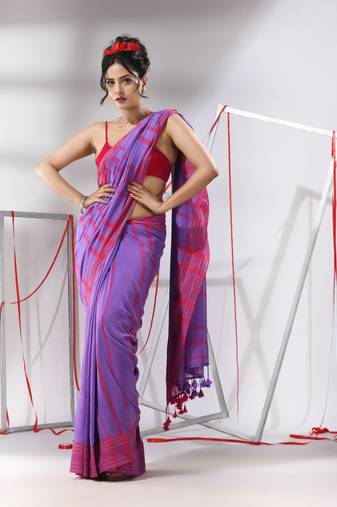 Violet cotton saree with stripes pattern