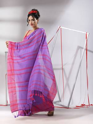 Violet cotton saree with stripes pattern 2
