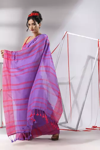 Violet cotton saree with stripes pattern
