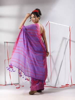 Violet cotton saree with stripes pattern 3
