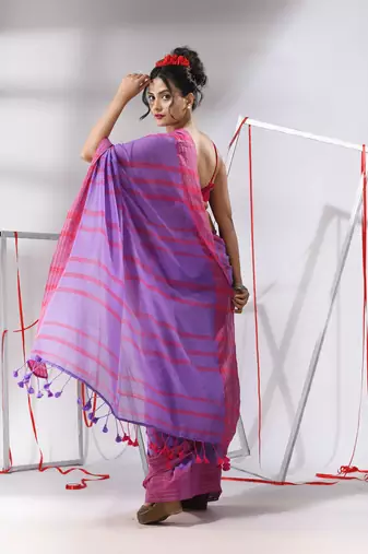 Violet cotton saree with stripes pattern