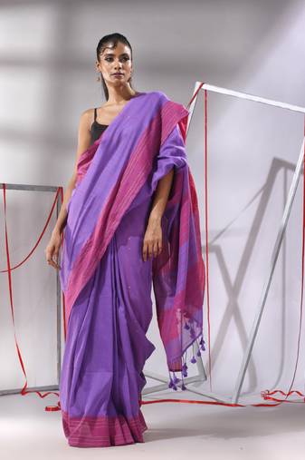 Violet cotton saree with sequined work and stripes pallu