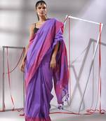 Violet cotton saree with sequined work and stripes pallu