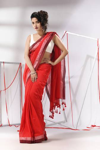 Red cotton saree with allover sripes and dual border
