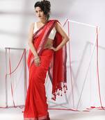 Red cotton saree with allover sripes and dual border