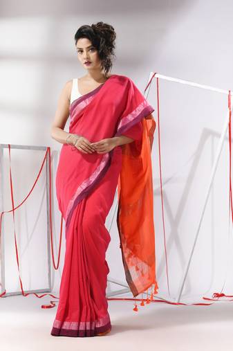 Pink cotton saree with sripe design and dual border