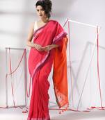 Pink cotton saree with sripe design and dual border
