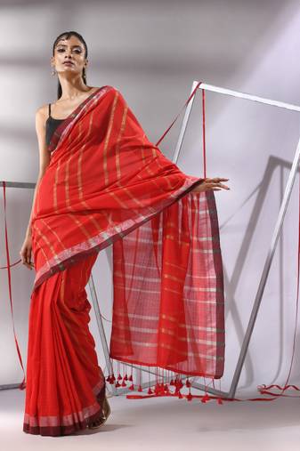 Red cotton saree with zari stripes