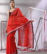 Red cotton saree with zari stripes