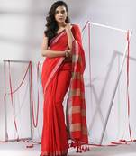 Red cotton saree with sripe designs and dual border