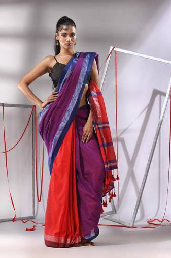 Purple cotton patli-pallu saree with sripe designs and dual border