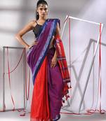 Purple cotton patli-pallu saree with sripe designs and dual border