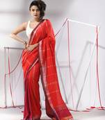 Red cotton patli-pallu saree with sripe zari designs and dual border