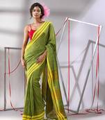 Green cotton saree with stripe border