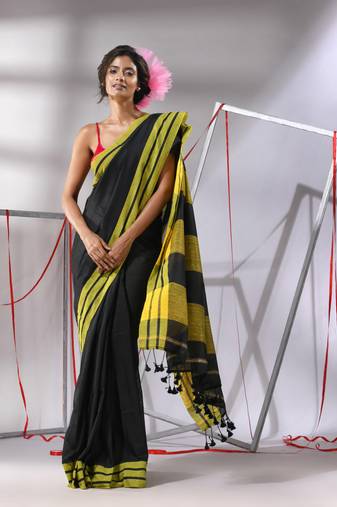 Black cotton saree with stripe border