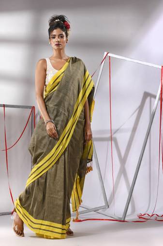 Ecru cotton saree with stripe border