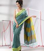 Teal cotton saree with stripe border
