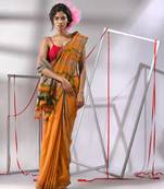 Yellow cotton saree with stripe designs