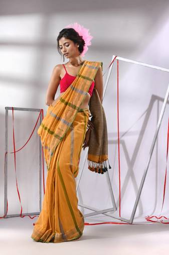 Yellow cotton saree with stripe designs