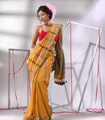 Yellow cotton saree with stripe designs