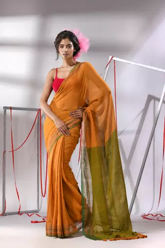Mustard cotton saree with zari border