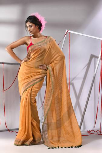Beige cotton saree with stripes design