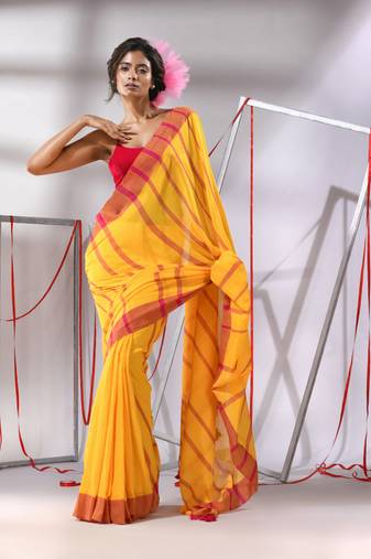 Yellow cotton saree with stripes design