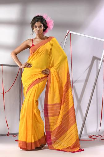 Yellow cotton saree with sequine stripes design
